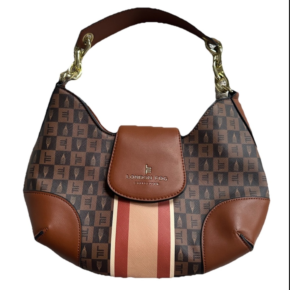 LONDON FOG COLLECTION Polyvinyl Hobo  Shoulder Bag Brown